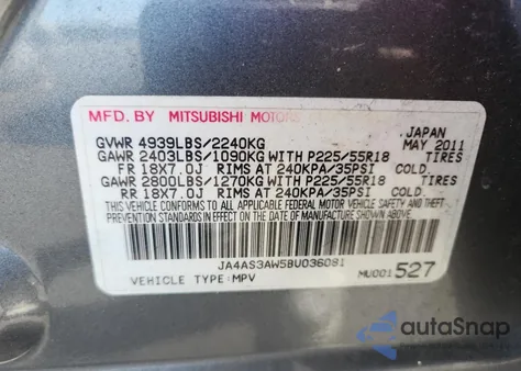 2011 Mitsubishi Outlander Se from USA, damaged, VIN JA4AS3AW5BU036081
